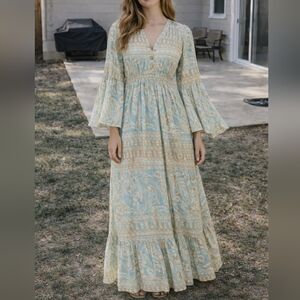 Bohemian Blue and Cream Maxi Dress